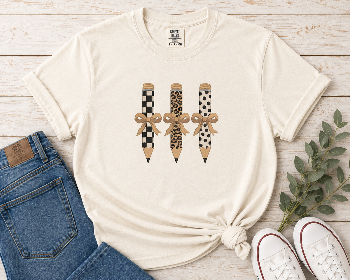Neutral Bow Pencil Embroidered Tee