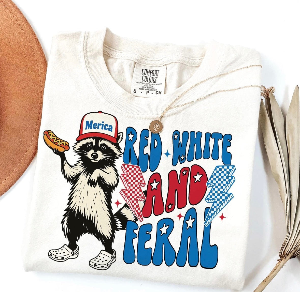 Red, White & Feral Raccoon Tee